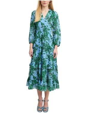 LK Bennett Eleanor Midi Floral Dress Size 12 Blue Green Tiered Garden Party